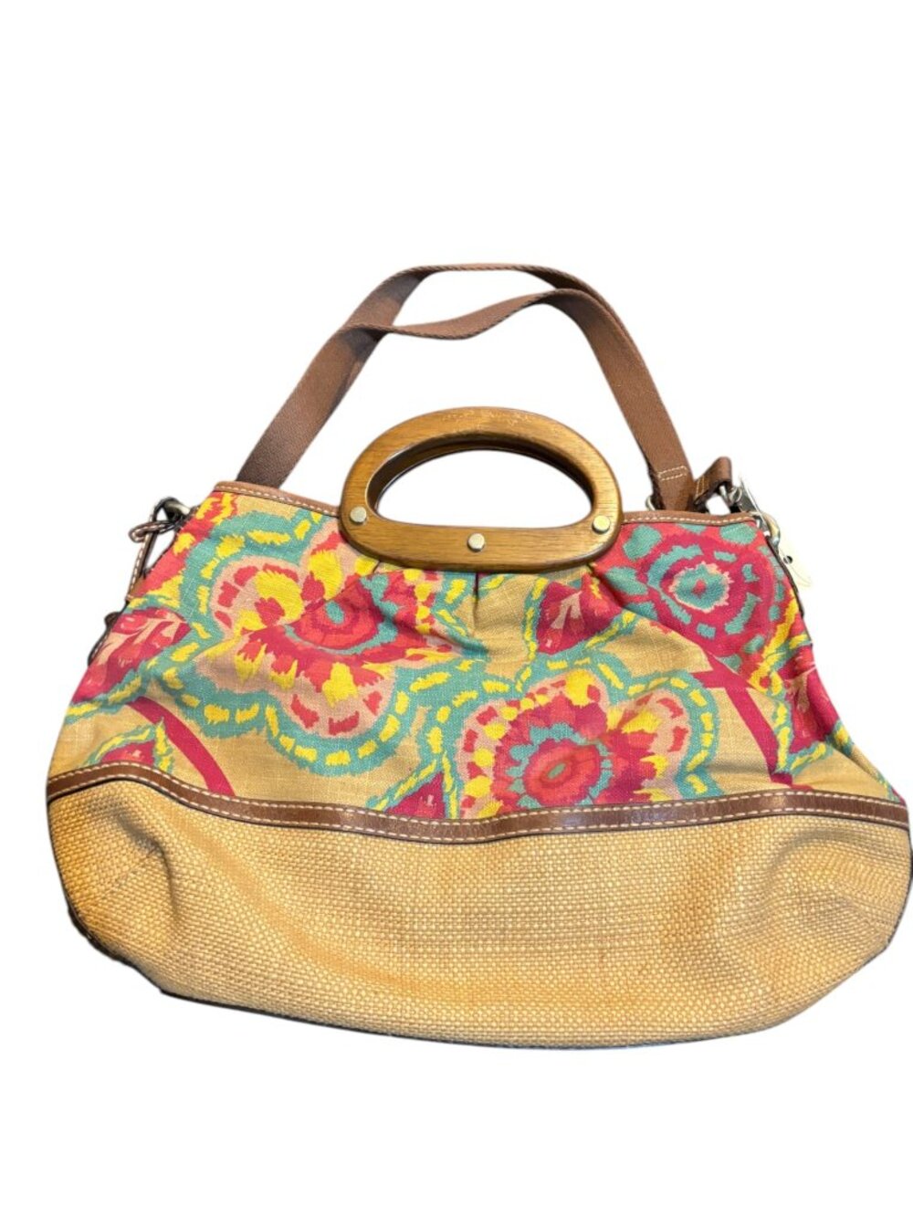 Fossil Kristy II Wooden Handle Floral Canvas Leather Trim Crossbody Handbag